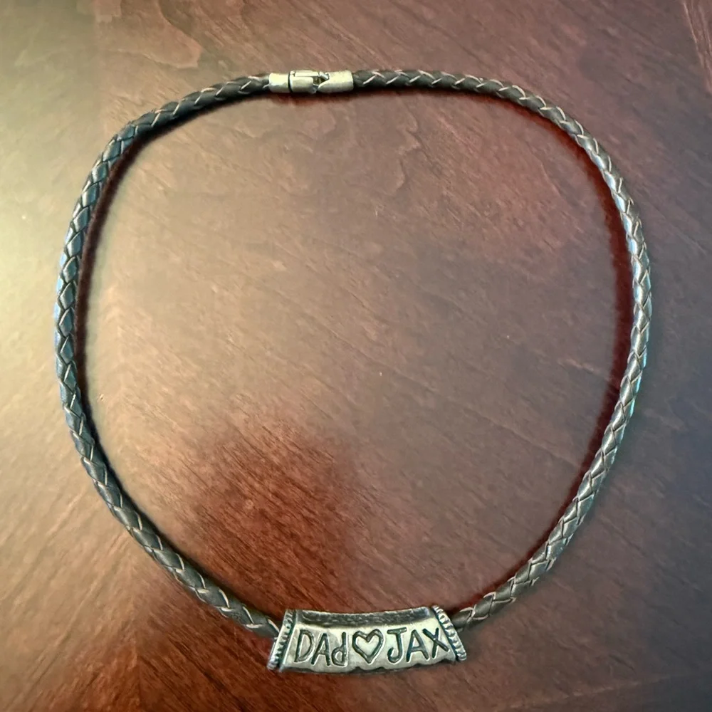 Men’s leather braided bracelet brown with  “Dad❤️JAX” wording engraved
